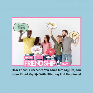 Group of friends posing with speech bubbles and a 'Friendship Day' banner.