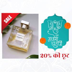 Chanel Gabrielle perfume bottle with a Ganesh Chaturthi themed promotional banner.