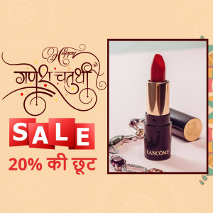 Lancôme red lipstick with Ganesh Chaturthi festive background and sale promotion.