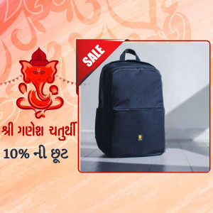 Black backpack with a Ganesh Chaturthi sale banner