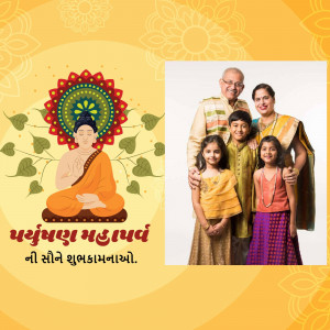 Family celebrating Buddha Purnima with a Buddha image and Gujarati text.