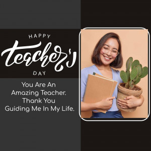 A graphic celebrating Teacher's Day with a portrait of a smiling female teacher holding a book and a potted cactus.