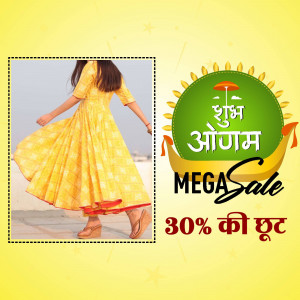 Woman in yellow kurti with a sale banner