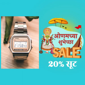 A digital Casio watch displayed alongside an Onam festival sale advertisement.