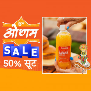 Image of a hand holding a bottle of Laranja juice with Onam sale promotion.