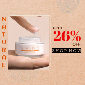 Neauthy skin cream jar with a hand applying the product and a discount offer.