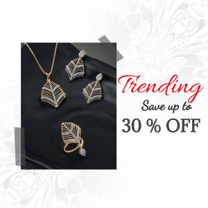 Diamond necklace, earrings, and ring set on a dark background with a trending sale banner.