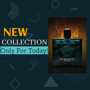 Versace Eros perfume bottle with a 'New Collection' promotional banner.