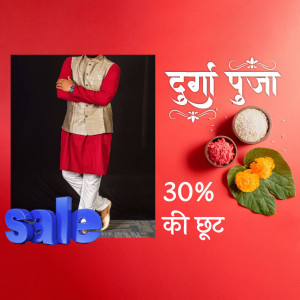 Man in traditional Indian attire with Durga Puja sale promotion