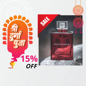 Red Diamond perfume bottle with Durga Puja sale banner