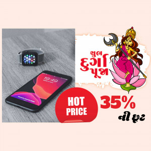 Smartphone, smartwatch, and Dussehra promotional banner with discount offer.