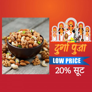Bowl of mixed dry fruits with Durga Puja banner and discount offer