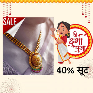 Image of a gold necklace with a woman in traditional attire and a Dussehra sale banner.