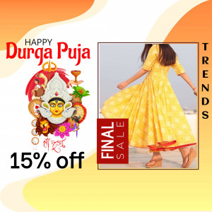 Durga Puja sale advertisement featuring a woman in a yellow dress and Goddess Durga illustration.