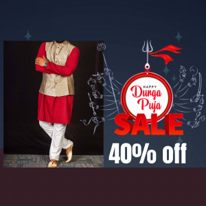 Man wearing traditional Indian festive outfit with Durga Puja sale promotion