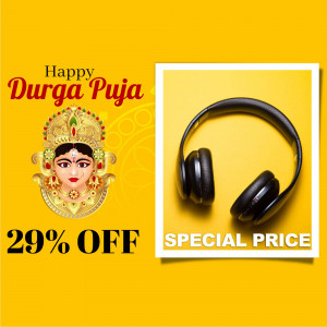 Image featuring a Durga Puja greeting with headphones and a discount offer.