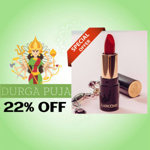 Lancome red lipstick with Durga Puja offer banner