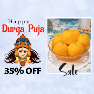 Durga Puja sale advertisement with oranges and Goddess Durga image