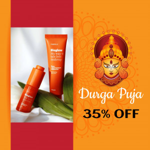 Bioglow skincare products with Durga Puja festive background and discount offer