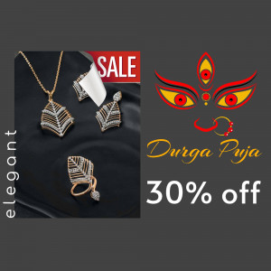 Gold and diamond jewelry set with Durga Puja sale banner