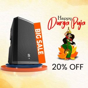 Speaker with Durga Puja greeting and sale offer