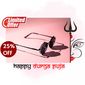 Sunglasses with a Durga Puja themed background and a limited-time offer.
