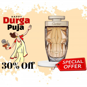 Cartier perfume advertisement with Durga Puja theme and a 30% off offer.