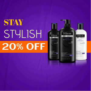 TRESemmé shampoo and conditioner bottles with a 20% off promotion.