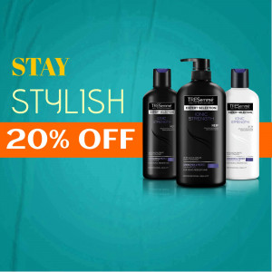 TRESemmé shampoo and conditioner bottles with a 20% off promotion.