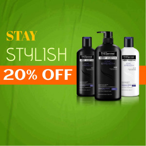 TRESemme shampoo and conditioner bottles with a 20% off promotion.