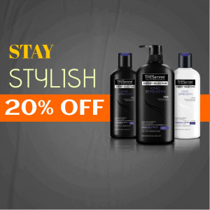 TRESemmé shampoo and conditioner bottles with a 20% off promotion.