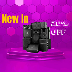 Stack of black speakers on a purple platform with 'New In 20%' text overlay