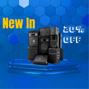 Stack of black speakers on a blue hexagonal platform with 'New In 20%' text.