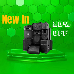 Stack of black speakers on a green hexagonal platform with a 'New In' and '20% Off' promotion.