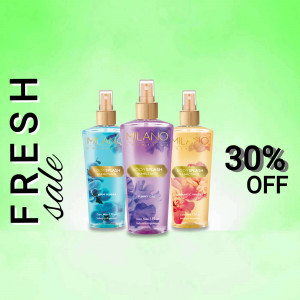 Three bottles of Milano body splash on a green background with a sale promotion.
