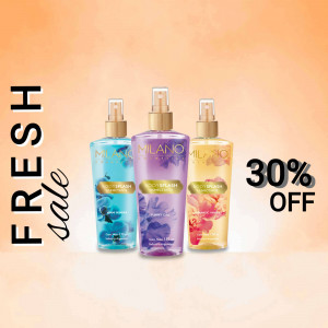 Three bottles of Milano body mist on sale with a peach gradient background.