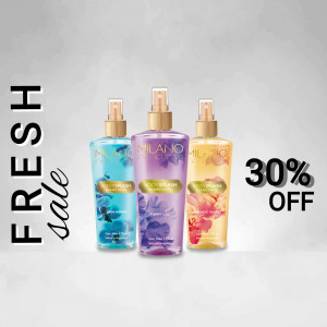 Three bottles of Milano body splash on sale with a 30% discount.