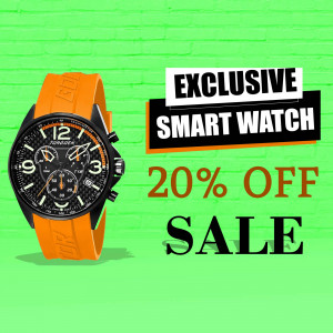 Orange and black smart watch on sale with a green brick wall background