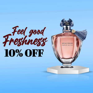 Shalimar Initial perfume bottle with a promotional offer of 10% off.