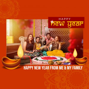 A family celebrating New Year with traditional decorations and lighting.