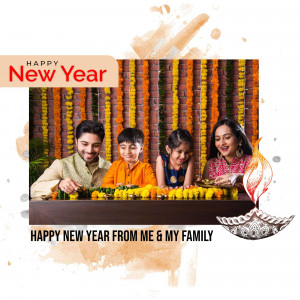 A family celebrating New Year with traditional decorations and sweets.