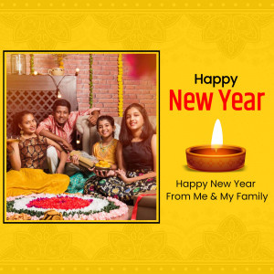 Family celebrating New Year with a diya and rangoli