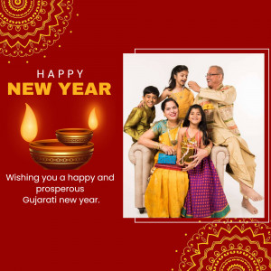 Family celebrating Gujarati New Year with traditional attire and decorations