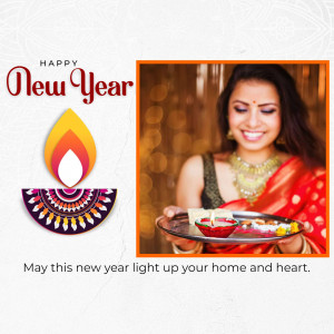 Woman in traditional attire with a Diwali thali and New Year wishes