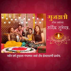 Family celebrating Gujarati New Year with decorations and lighting.