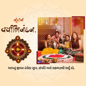 Family celebrating Diwali with traditional decorations and sweets.