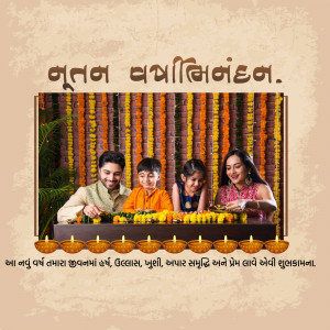 Family celebrating Diwali with traditional decorations and lighting lamps.