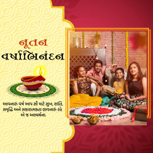 A family celebrating Diwali with decorations and a lit diya.
