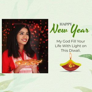 Woman holding a diya with New Year and Diwali wishes