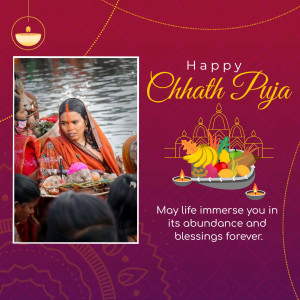 Chhath Puja celebration with a woman offering prayers and traditional offerings.